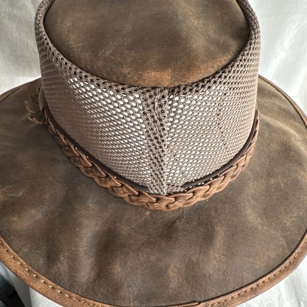 American Hat Makers Breeze Leather & Mesh Sun Hat Sz M Wide Brim UPF50 Chin Stir